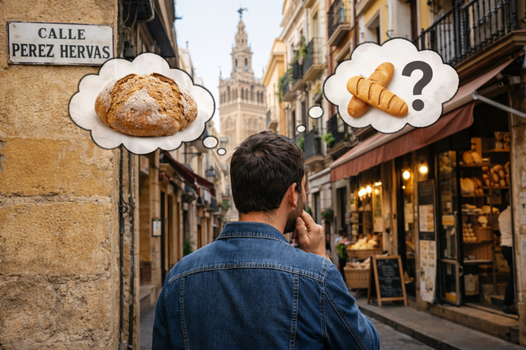 Persona en Calle Pérez Hervás en Sevilla pensando dónde comprar pan saludable en panaderías en Sevilla