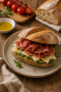 Merienda salada con pan artesanal, jamón, queso y rúcula en Sevilla