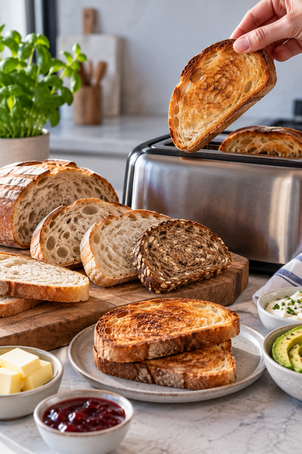 Diferentes tipos de pan tostado para el desayuno