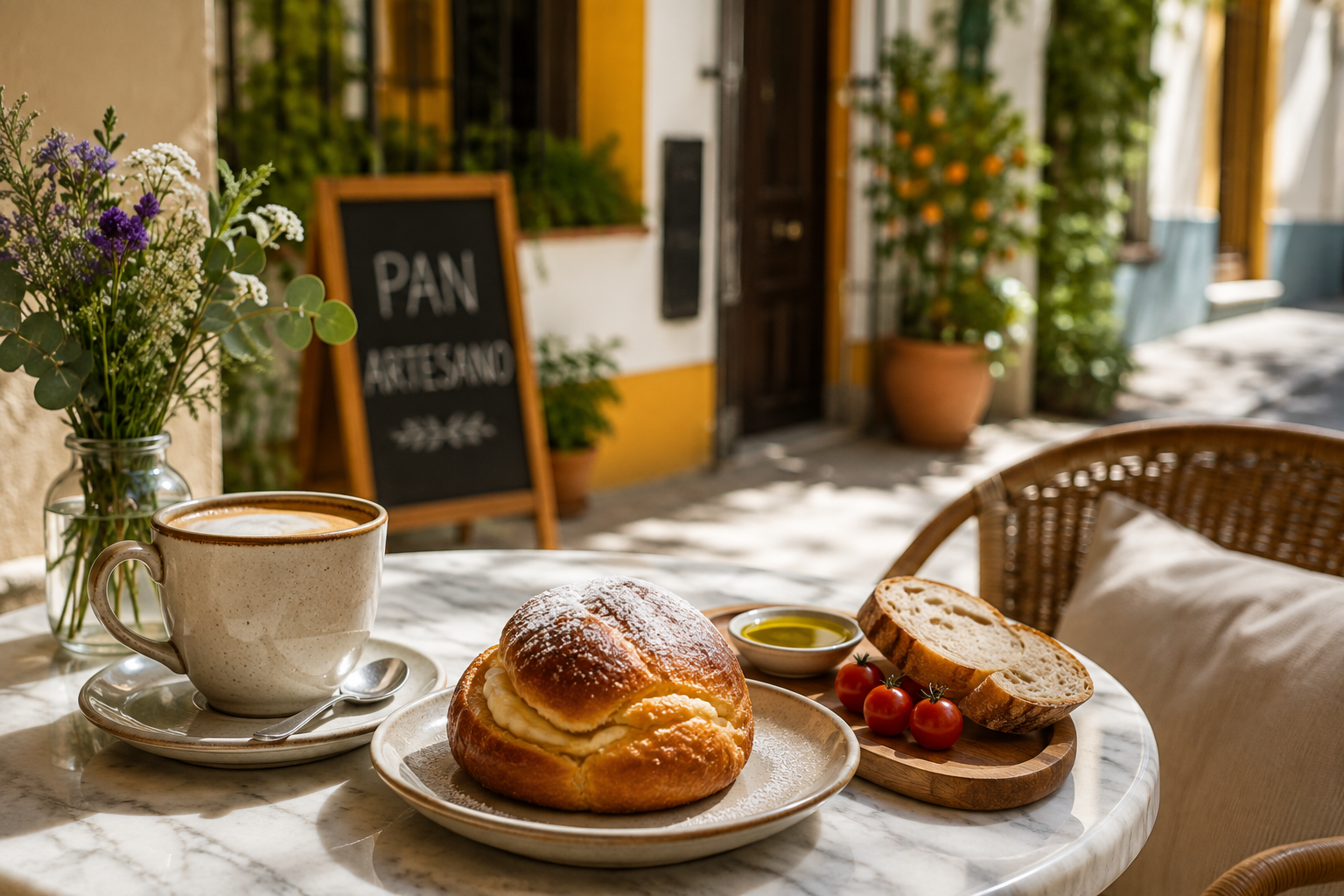 Merienda en Sevilla con café, bollería y pan artesanal